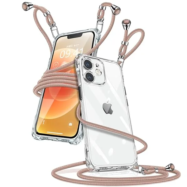 iPhone 12 Mini ケース クリア ショルダー アイフォン12mini スマホケース iPhone12mini カバー 肩掛け 斜めかけ 縄掛けケース 透明 薄型 軽量 TPU 携帯ケース 紐付き 斜めがけ 織りストラップ付き 長さ調整可能