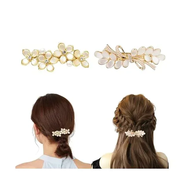 Doyime ヘアクリップ (2枚セット) バレッタ 前髪ピン パール クリスタル ヘアピン 前髪 髪飾り ヘアアクセサリー 可愛い おしゃれ 上品 結婚式 母の日 プレゼント パーティー 成人式 和装 浴衣 入学式 レディース 髪留め
