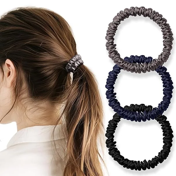 シルク ヘアゴム 3個セット 100%天然シルク 6A級 摩擦軽減 静電気防止 髪に優しい 跡がつかない 髪ゴム 高弾性 シュシュ おしゃれ 大人 女性 IRIYULI (ブラック*ネイビー*ガンメタ)