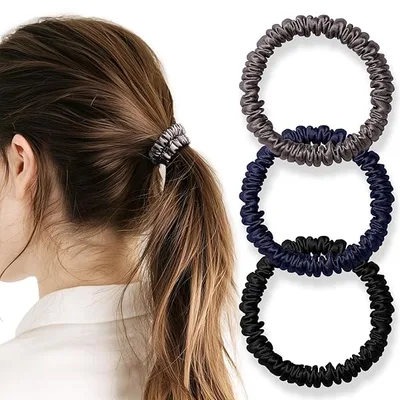 シルク ヘアゴム 3個セット 100%天然シルク 6A級 摩擦軽減 静電気防止 髪に優しい 跡がつかない 髪ゴム 高弾性 シュシュ おしゃれ 大人 女性 IRIYULI (ブラック*ネイビー*ガンメタ)
