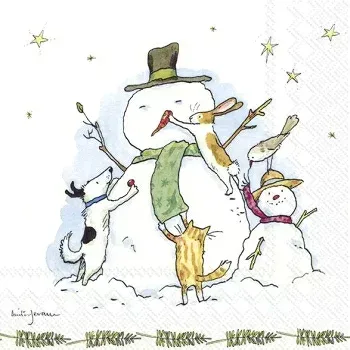 【25cmサイズ】IHR 可愛い ペーパーナプキン デコパージュ☆Anita Jeram アニタ ジェラーム かわいい雪だるまのお友達 ウサギ ネコ 犬☆(SNOWMAN WITH FRIENDS)(W25cm×L25cm)(1枚/バラ売り)