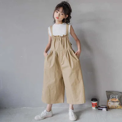 子供服 サロペット パンツ 女の子 大きいサイズ オールインワン ワイドパンツ ゆったり オーバーオール 8分丈 ゆるサロペット つなぎ 無地 春夏 秋 綿 おしゃれ ハイウエスト 可愛い 120 130 140 150 160 165