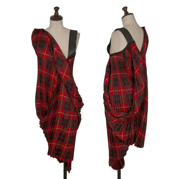 【中古】 ジュンヤワタナベ コムデギャルソンJUNYA WATANABE COMME des GARCONS アコーディオンプリーツチェック柄ドレープデザインワンピース 赤黒他S【レディース】