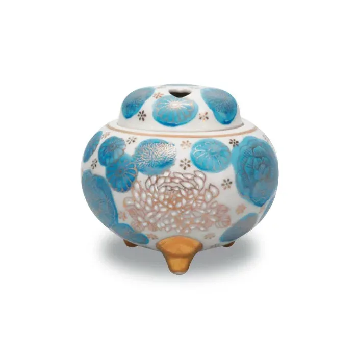 香炉 3.5号 青花詰 九谷焼 10×10cm 木箱入 仏具 日本香堂