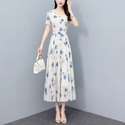 One Piece Women's Summer French Style Chiffon Small Floral Pattern Long Dress A-Line V-Neck Short Sleeve Medium Waist Switching Polyester White Commuting Elegant Simple Temperament