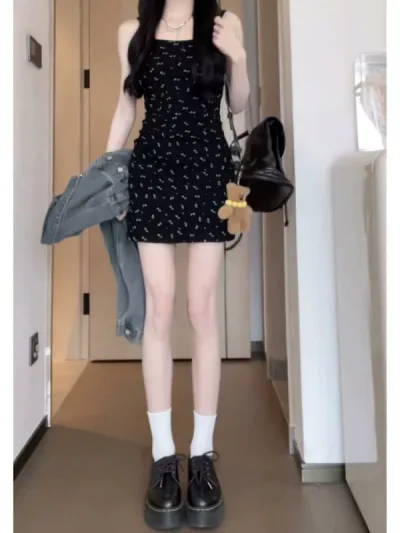 ワンピース レディース 春夏 吊りスカート 吊りワンピース キャミソールワンピース ノースリーブ 花柄 Aライン ハイウエスト 膝丈 ロング丈 リゾート 普段使い 通学 デート 旅行 カジュアル レトロ 中国風 綺麗め かわいい ブラック系 Aラインワン