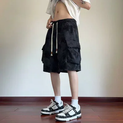 ショートパンツ メンズ ボトムス ハーフパンツ 5分丈 ワークパンツ カーゴパンツ カジュアル ズボン タイダイ 水墨画風 プリント リネン 麻 軽量 通気性 伸縮性 ドローコード ウエストゴム ルームウェア 部屋着 普段使い 普段着 涼しい サマー 夏