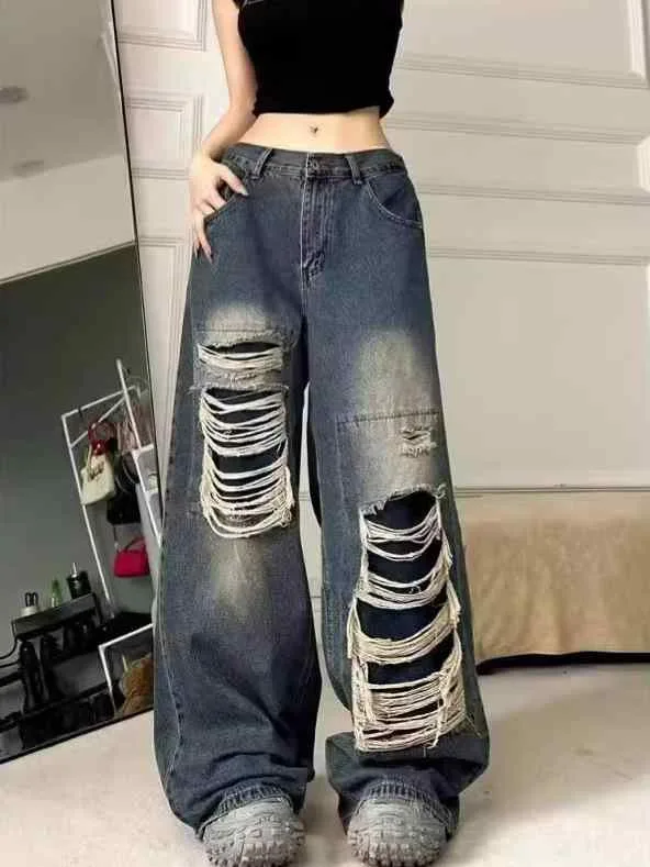 ジーンズ レディース デニムパンツ ジーパン 長ズボン ボトムス ダメージ加工 クラッシュ ロールアップ 切り替え アメリカン カジュアル レトロ ストリート系 ワイド ルーズ ゆったり 体型カバー ストレート 脚長効果 ポケット付き 無地 秋服 秋冬