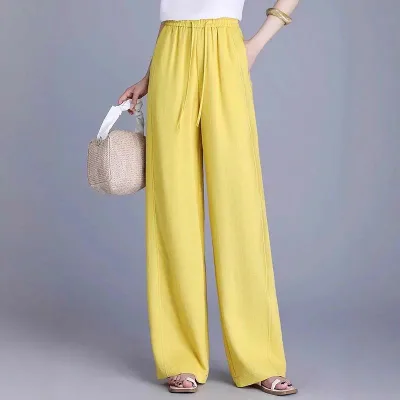 ワイドパンツ レディース サマーパンツ リネン テンセル 麻混 ボトムス カジュアル ロングパンツ ストレート ハイウエスト 美脚 脚長効果 薄手 軽量 接触冷感 吸湿 速乾 涼しい 普段使い 旅行 イエロー ブラック 杏色