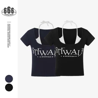 Tシャツ レディース 半袖 カットソー トップス 重ね着風 假两件 露出し 丈短め クロップド丈 スリム フィット 細見え 着痩せ クルーネック 丸首 綿 コットン 伸縮性 カジュアル かわいい 韓国風 おしゃれ 春夏 普段使い デート 黒 ブラック 紺