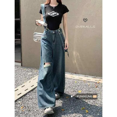 サロペットパンツ レディース オーバーオール ジーンズ デニムパンツ ジーパン 長ズボン ボトムス ダメージ加工 破れ クラッシュ ゆったり ルーズ ワイドパンツ ストレート ハイウエスト ブルー 綿 コットン 普段使い カジュアル リゾート 旅行 通学