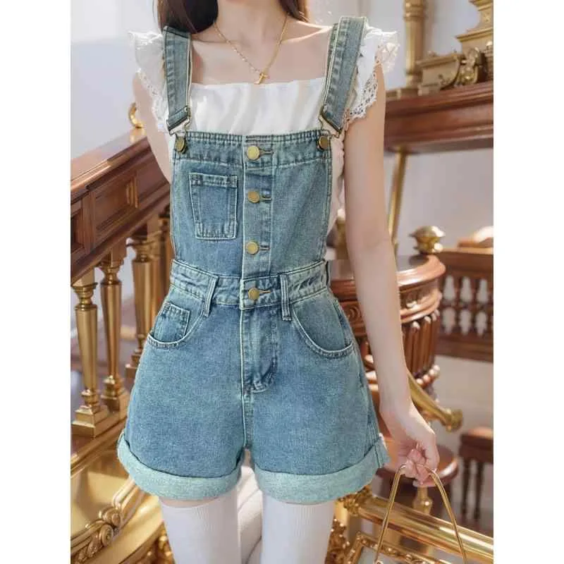 サロペットパンツ レディース デニム ショートパンツ オールインワン 短パン オーバーオール ジーンズ ジーパン 5分丈 五分丈 ハイウエスト Aライン 広い裾 快適 綿製 爽やか 普段使い カジュアル 通学用 春夏 薄青