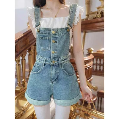 サロペットパンツ レディース デニム ショートパンツ オールインワン 短パン オーバーオール ジーンズ ジーパン 5分丈 五分丈 ハイウエスト Aライン 広い裾 快適 綿製 爽やか 普段使い カジュアル 通学用 春夏 薄青