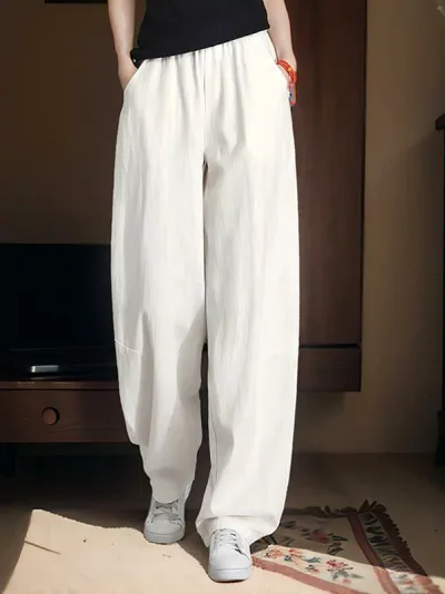 カジュアルパンツ レディース ワイドパンツ 綿麻パンツ リネンパンツ 長ズボン ボトムス 高腰 ハイウエスト 着痩せ 細見え 砂洗加工 刺しゅう ポケット付き 無地 ゆったり 体型カバー 通気性 吸湿性 軽量 ナチュラル レトロ カジュアル 春夏 普段使