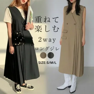 ワンピース レディース ノースリーブ ロングワンピース ロングワンピ ロングジレ ジレ プリーツ ロング丈 ロング マキシ丈 Vネック 夏 スーツワンピース ジャケットワンピース