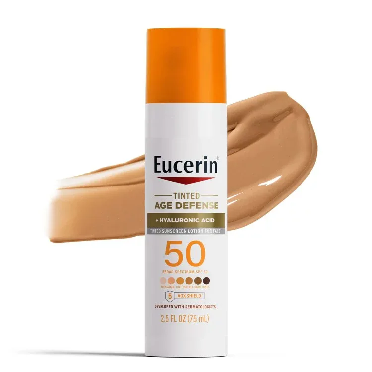 ユーセリン サン エイジディフェンス ティンテッド フェイス用日焼け止めローション SPF50 74ml Eucerin Sun Age Defense Tinted Face Sunscreen Lotion, Hyaluronic Acid, SPF50 2.5 fl oz 【お取り寄せ商品】