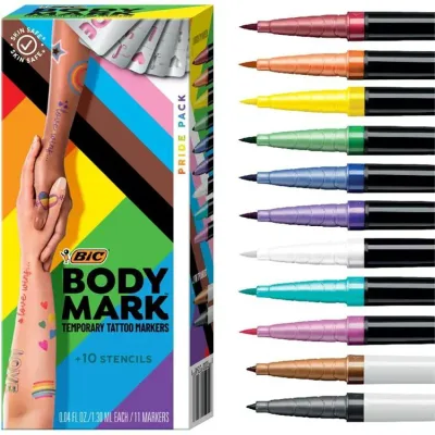 ビック ボディマーク 肌用タトゥーマーカー プライドパック 11色セット BIC BodyMark Temporary Tattoo Markers for Skin, Pride Pack, Flexible Brush Tip, 11-Count 【お取り寄せ商品】
