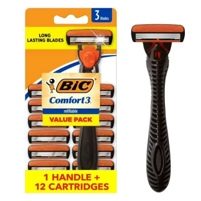 ビック コンフォート3 センシティブ メンズ替刃式カミソリ 3枚刃 本体1本 替刃12個 BIC Comfort 3 Refillable Three-Blade Razor Kit for Men, Sensitive Skin 【お取り寄せ商品】