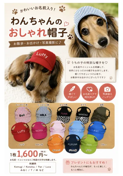 名前入り帽子わんちゃんのお名前入ります 犬の帽子 犬服 人気犬服 被り物 犬の服 帽子 紫外線対策 犬 ミニチュアダックス 小型犬 可愛い 犬の名前