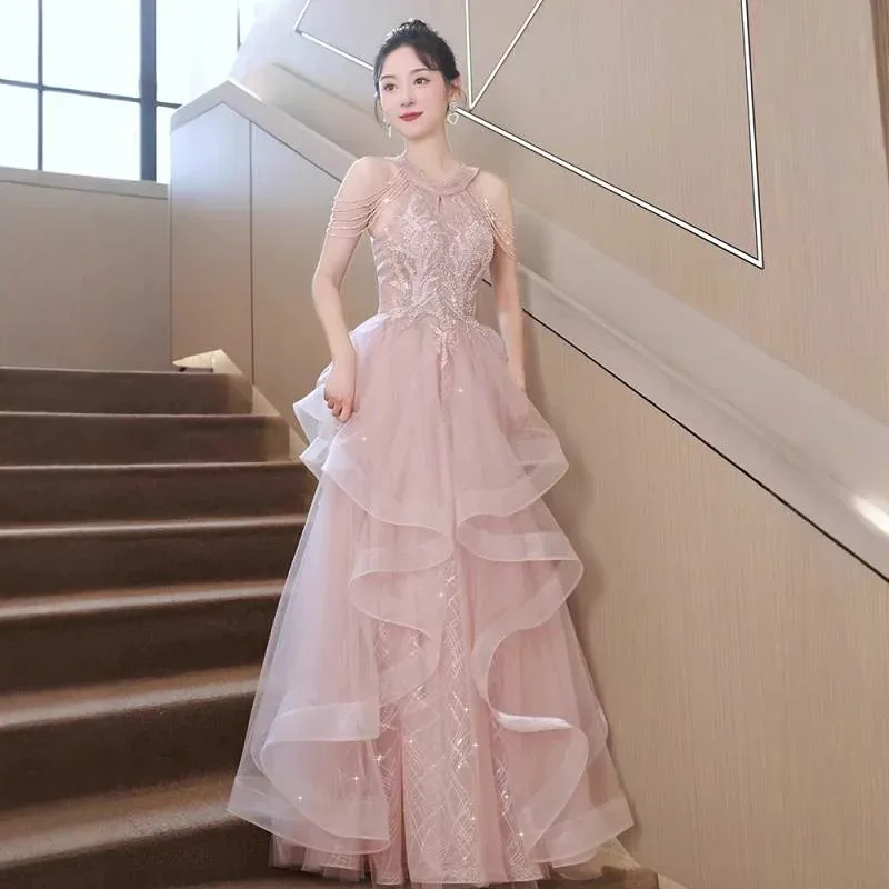 イブニングドレス レディース ピンク ハルターネック ノースリーブ ロング Aライン 中腰 タイバック チュール 結婚式 パーティー 高級感 エレガント 上品 夏