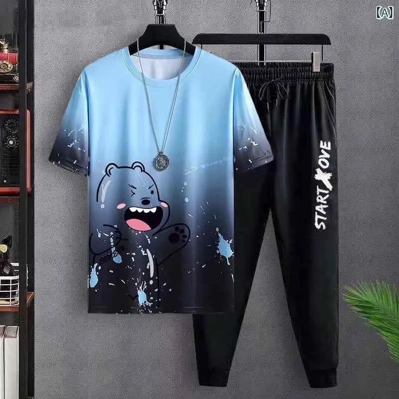 スポーツ セットアップ メンズ ユース 夏 薄手 中袖 Tシャツ ロングパンツ ポリエステル グラデーションカラー ブルー ホワイト レッド カジュアル 普段使い アクティブ