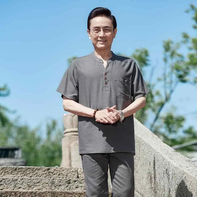 Tシャツ メンズ セットアップ リネン コットン混 綿麻 半袖 トップス 長ズボン ロングパンツ 薄手 接触冷感 通気性 涼しい カジュアル ルームウェア 部屋着 普段着 父の日 敬老の日 ギフト プレゼント 紳士服