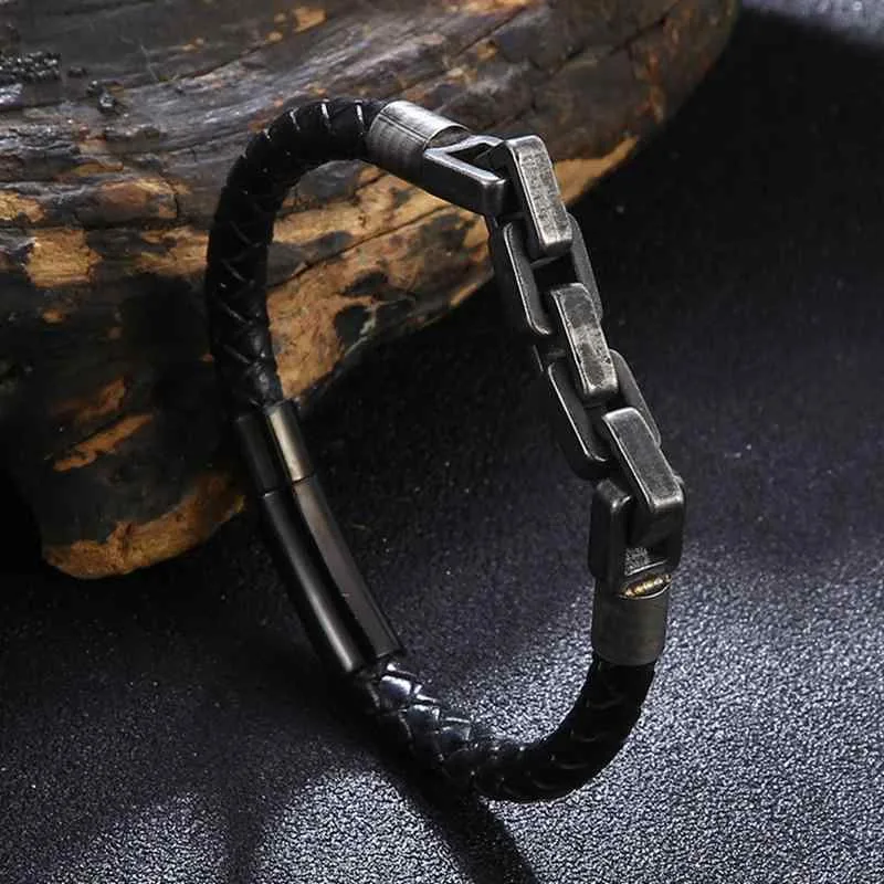 ブレスレット メンズ フェイクレザー ステンレス 編み込み バングル レトロ カジュアル アクセサリー ブラック