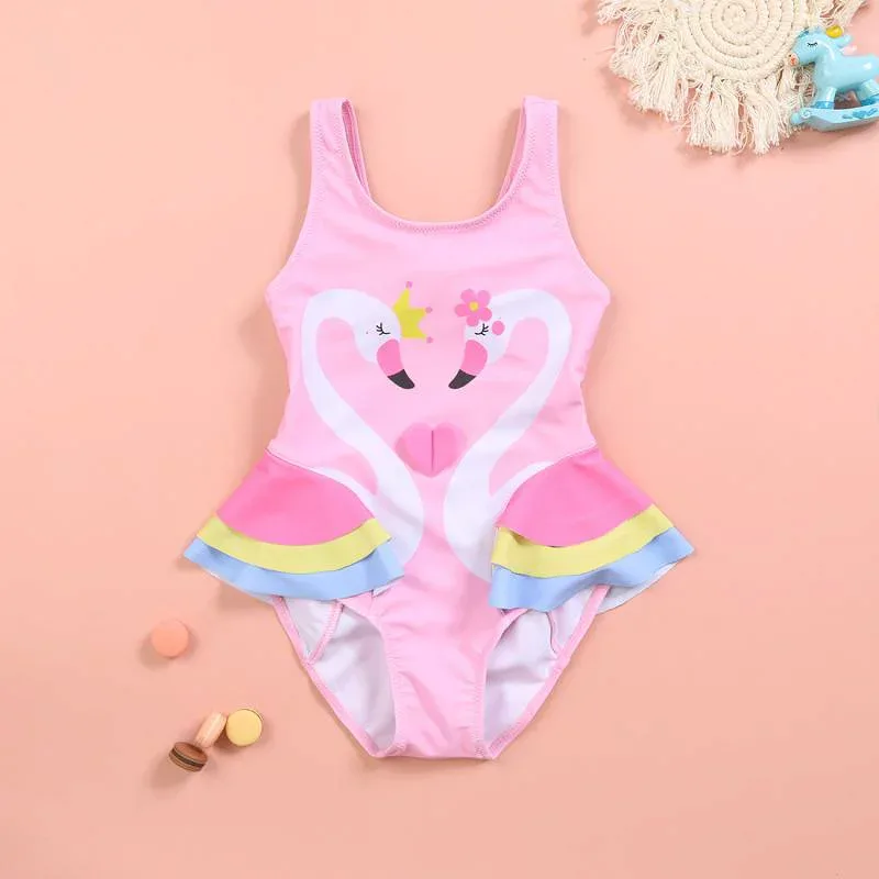 水着 女の子 キッズ ベビー 連体 フリル 火烈鳥 フラミンゴ かわいい 高弾力 ピンク
