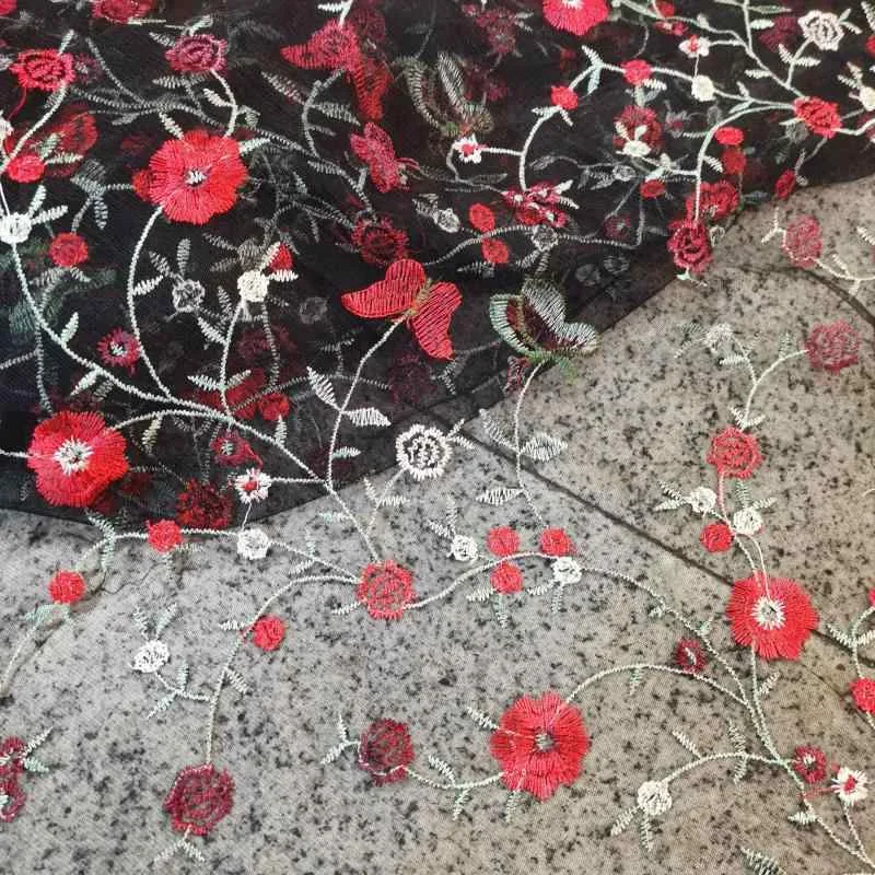 生地 ハンドメイド用 レディース 春夏 チュール メッシュ レッド フラワー 刺繍 レース チャイナドレス風 ワンピース ドレス 手芸 洋裁