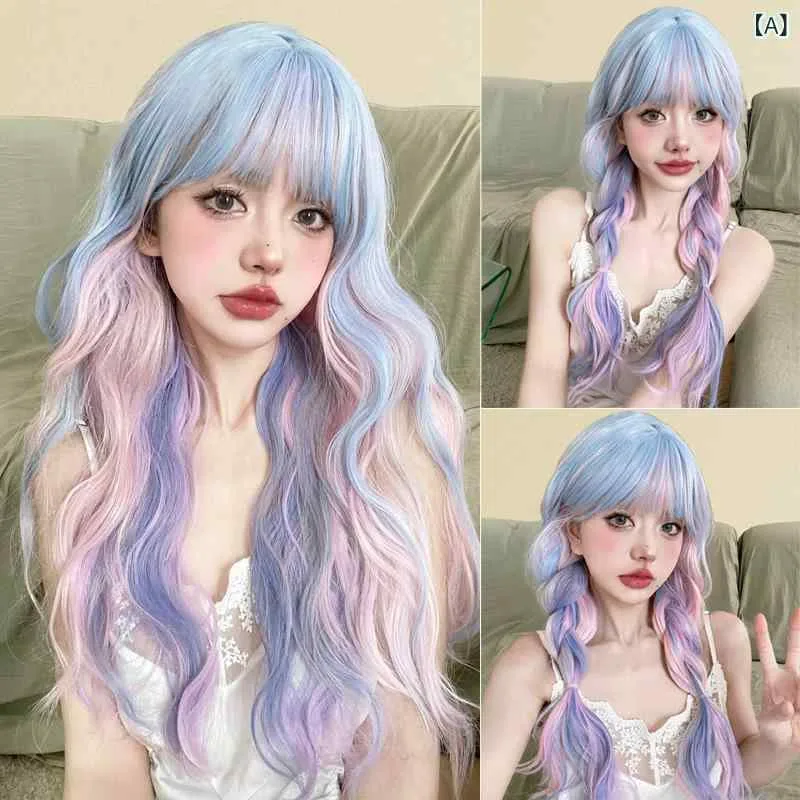 ウィッグ レディース ロング カール フルウィッグ 原宿風 ロリータ コスプレ グラデーション カラフル 前髪あり 巻き髪 自然 耐熱 小顔効果 かわいい