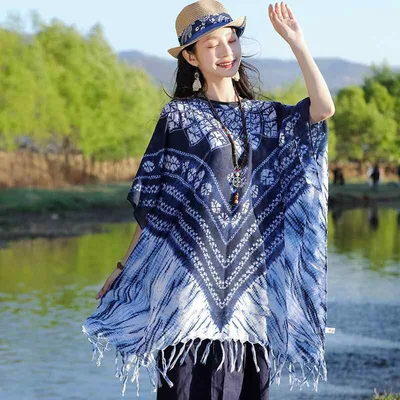 ショール レディース エスニック風 藍染め フリンジ タッセル 大判 薄手 紫外線対策 UVカット 日焼け防止 防寒 防塵 旅行 カジュアル おしゃれ