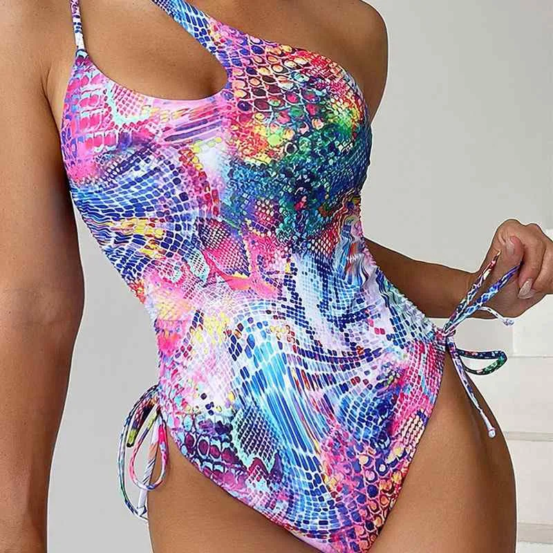 水着 レディース ワンピース ワンショルダー サイドドローストリング ビーチビキニ 花柄 胸パッド付き ノースリーブ 体型カバー セクシー プール 海 リゾート