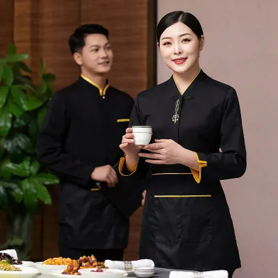 ワークシャツ ユニセックス 長袖 チャイナドレス風 中式 スタンドカラー 飲食店 ホテル カフェ レストラン 居酒屋 接客 制服 吸湿速乾 高級感 快適 シンプル 春秋冬