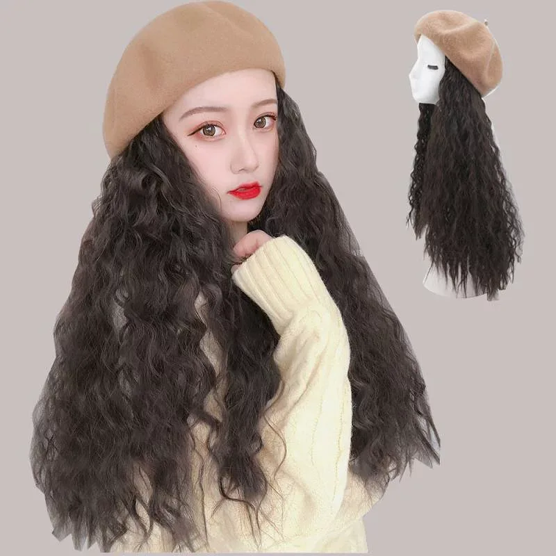 ベレー帽 レディース ウィッグ 一体型 ロング カール 髪付き帽子 帽子付きウィッグ おしゃれ ウェーブ 巻き髪 かつら 小顔効果
