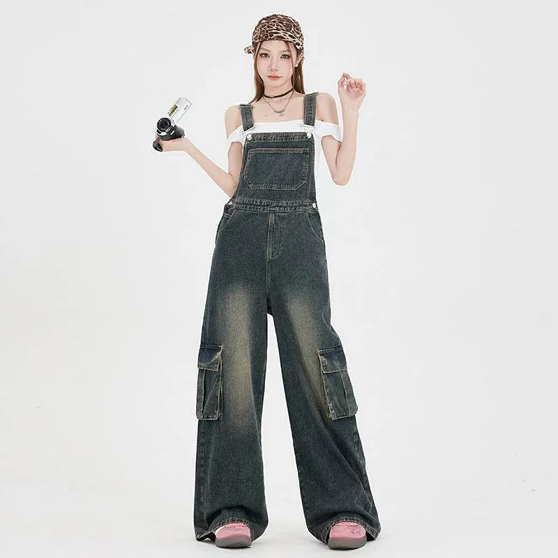 サロペット デニムパンツ レディース 春秋 アメリカン ヴィンテージ風 ウォッシュ加工 ワークパンツ ストレート ワイド ロングパンツ ノースリーブ ポケット付き カジュアル ハイウエスト ゆったり
