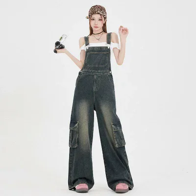 サロペット デニムパンツ レディース 春秋 アメリカン ヴィンテージ風 ウォッシュ加工 ワークパンツ ストレート ワイド ロングパンツ ノースリーブ ポケット付き カジュアル ハイウエスト ゆったり