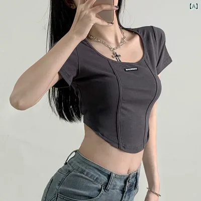 Tシャツ レディース 半袖 カットソー ショート丈 トップス コルセット風 レースアップ アメリカン ヴィンテージ風 レトロ カジュアル 黒 ブラック 夏 サマー ショート プルオーバー 薄手 無地 スタイルアップ