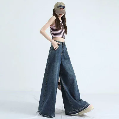 ジーンズ レディース デニムパンツ ジーパン ワイドパンツ ロングパンツ 長ズボン ボトムス ゆったり ハイウエスト 着痩せ 細見え 脚長 美脚 カジュアル ストリート ルーズ おしゃれ かわいい 通学 普段使い ブルー 青 ブルー 青 ブルー 青 ブル