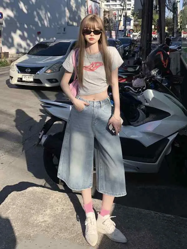 ジーンズ レディース デニムパンツ 七分丈 ジーパン クロップドパンツ ズボン ボトムス ハイウエスト 美脚 ゆったり 小さいサイズ ライトブルー 青 アメリカン ヴィンテージ風 レトロ カジュアル ストレート ワイドパンツ ハーフパンツ サマー 夏物