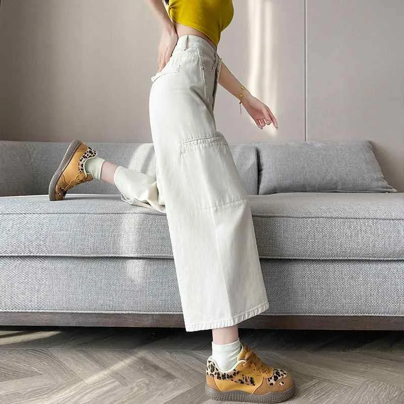 ジーンズ レディース デニムパンツ カーゴパンツ ジーパン クロップドパンツ 8分丈 ハイウエスト ボトムス ワイドパンツ ワークパンツ ホワイト 白 薄手 伸縮性 ストレッチ 涼しい 通気性 軽量 普段使い カジュアル