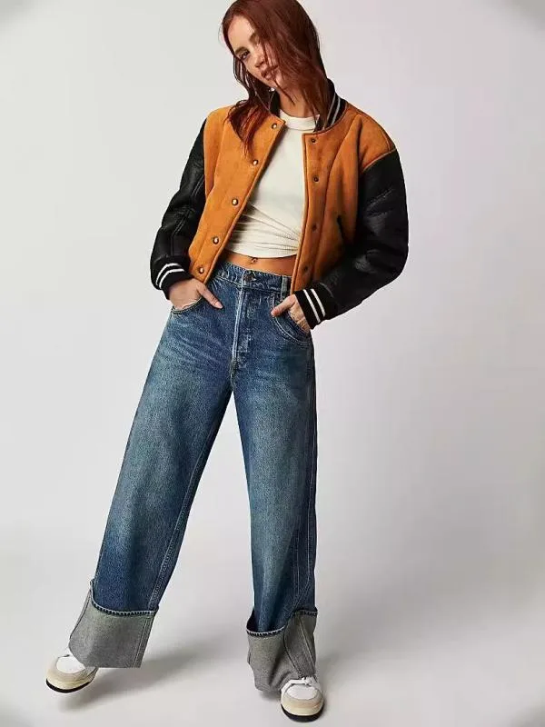 ジーンズ レディース デニムパンツ ストレートパンツ ジーパン ボトムス ズボン 美脚 細見え 着痩せ ロールアップ 裾ロールアップ 切りっぱなし風 ゆったり カジュアル ルーズ レトロ アメリカン ウォッシュド加工 ヴィンテージ風