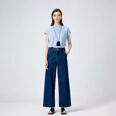 ジーンズ レディース デニム パンツ 九分丈 ストレート ジーパン ズボン 純綿 コットン ノンストレッチ U字ポケット ハイウエスト 美脚 着痩せ ワイドレッグ ボトムス カジュアル ブルー 無地 春秋