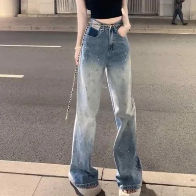 ジーンズ レディース デニム パンツ ジーパン ワイドパンツ アメリカン カジュアル ラインストーン グラデーション ハイウエスト ストレート ルーズシルエット フルレングス ウォッシュ加工 ボトムス ロング丈 ズボン