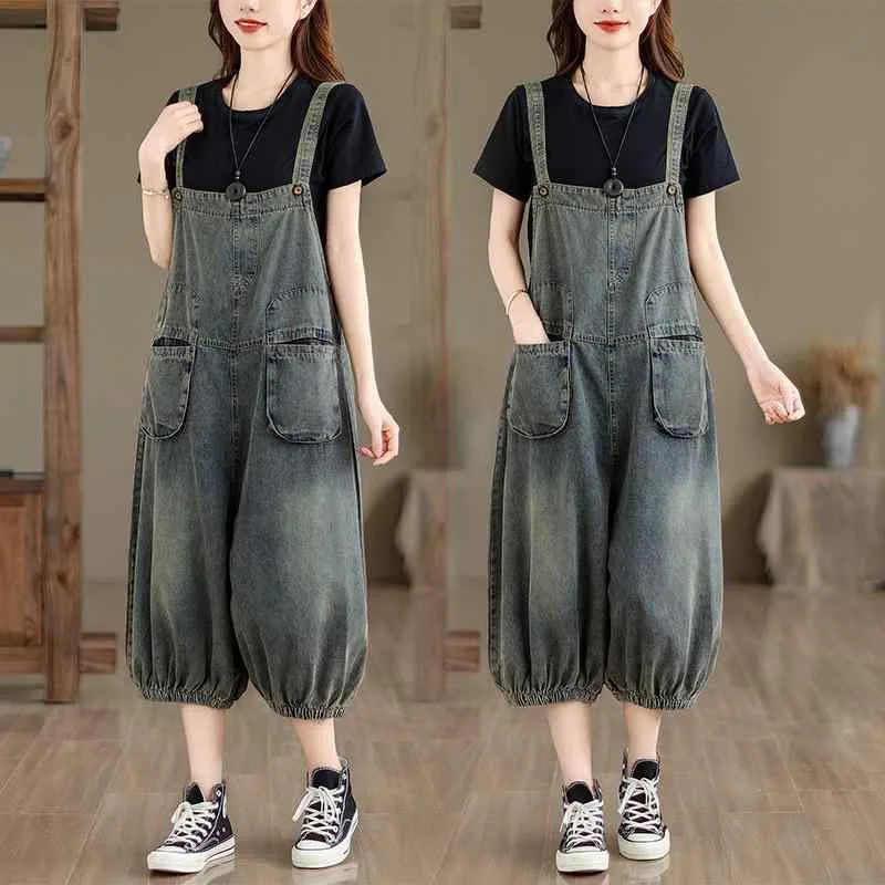 Overalls Denim Pants Women's Overalls Jeans Jumpsuits All in One Bottoms Quarter Length Tapered Pants High Waist Casual Loose Loose Body Covering Beautiful Legs Lengthening Effect Thin Refreshing Blue