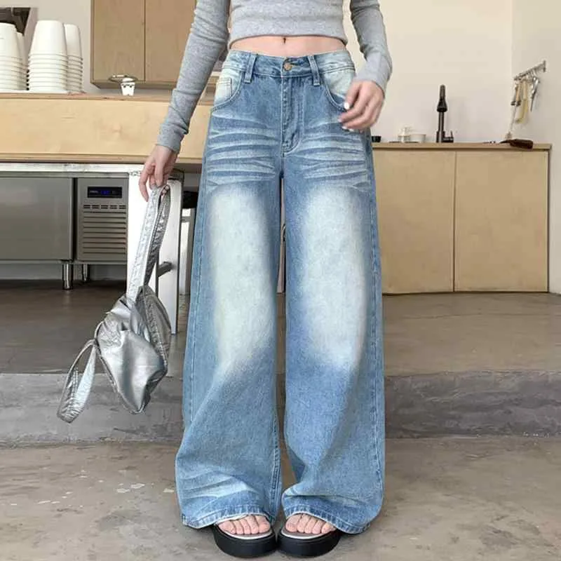 ジーンズ レディース デニムパンツ ジーパン 長ズボン ボトムス ストレートパンツ 闊腿パンツ ハイウエスト 絞り染め ウォッシュ加工 グラデーション 大きいサイズ ゆったり 体型カバー カジュアル 伸縮性 通学 普段使い ブルー