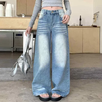 ジーンズ レディース デニムパンツ ジーパン 長ズボン ボトムス ストレートパンツ 闊腿パンツ ハイウエスト 絞り染め ウォッシュ加工 グラデーション 大きいサイズ ゆったり 体型カバー カジュアル 伸縮性 通学 普段使い ブルー
