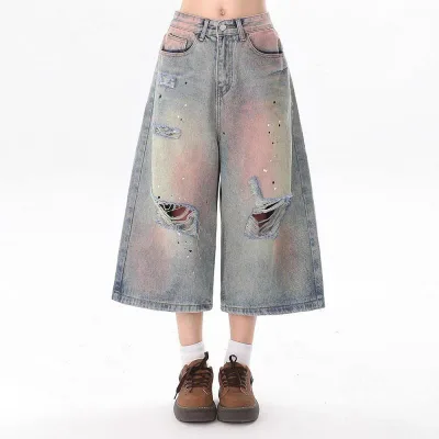 ショートパンツ レディース デニムパンツ ジーパン 短パン ジーンズ ハーフパンツ 5分丈 7分丈 ボトムス 春夏 美式 ヴィンテージ風 レトロ ウォッシュ加工 ダメージ加工 クラッシュ ハイウエスト ゆったり 痩せ見え 着やせ カジュアル ブルー