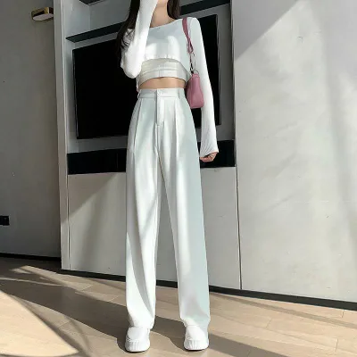 スラックス レディース パンツ 春秋夏 テーパードパンツ ストレート センタープレス 高腰 ハイウエスト ワイドパンツ 落ち感 とろみ素材 薄手 ボトムス ズボン 美脚 脚長 通勤用 オフィス 普段使い カジュアル 白 ホワイト