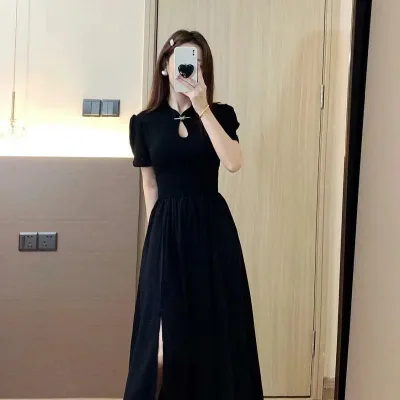 ワンピース レディース チャイナドレス 改良チャイナ服 半袖 ひざ丈 ロング Aライン フレア ブラック 黒 大きいサイズ ゆったり 楽ちん 細見え 着痩せ エレガント レトロ モダン クラシック カジュアル パーティー 二次会