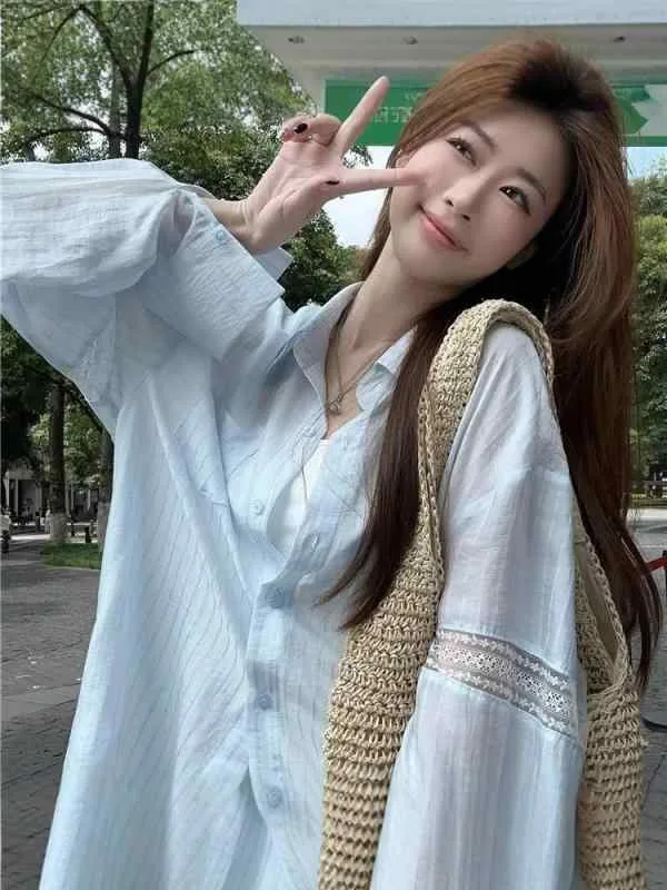 Shirt, Women's Tops, Outerwear, Anti-bleaching Shirt, Cardigan, UV Protection, UV Protection, Cool Touch Feeling, Sheer Lace, Switching, Striped, Loose Silhouette, Long Sleeves, Collared, Buttons, Blue, Overlay, Casual, Everyday Use, Commuting to School, Spring/Summer